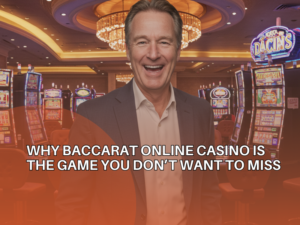 Baccarat, person wearing tuxedo in casino, happy,