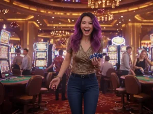 Happy woman celebrating a casino win using an 88 free bet