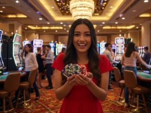 Happy woman celebrating a casino win on PHPlus Slot