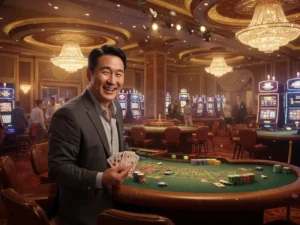 Happy man playing poker while watching Sabong Live Today stream