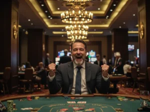 Happy man celebrating a casino win on TMT Games