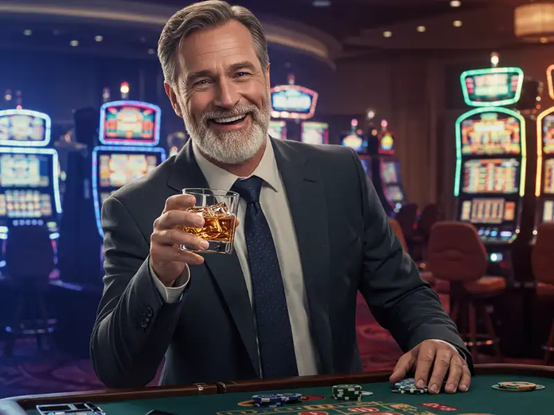 Happy man playing poker at Playzone PH while holding a drink.