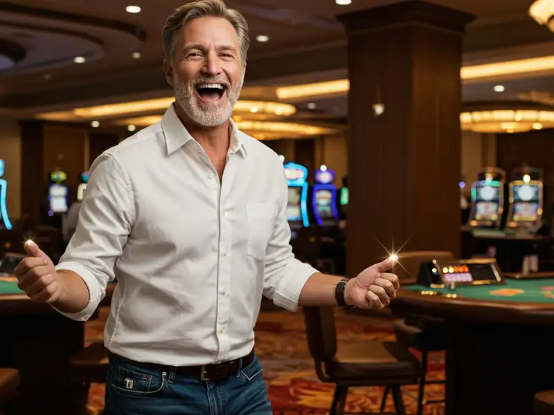 Happy man celebrating a big win at Playzone PH online casino.