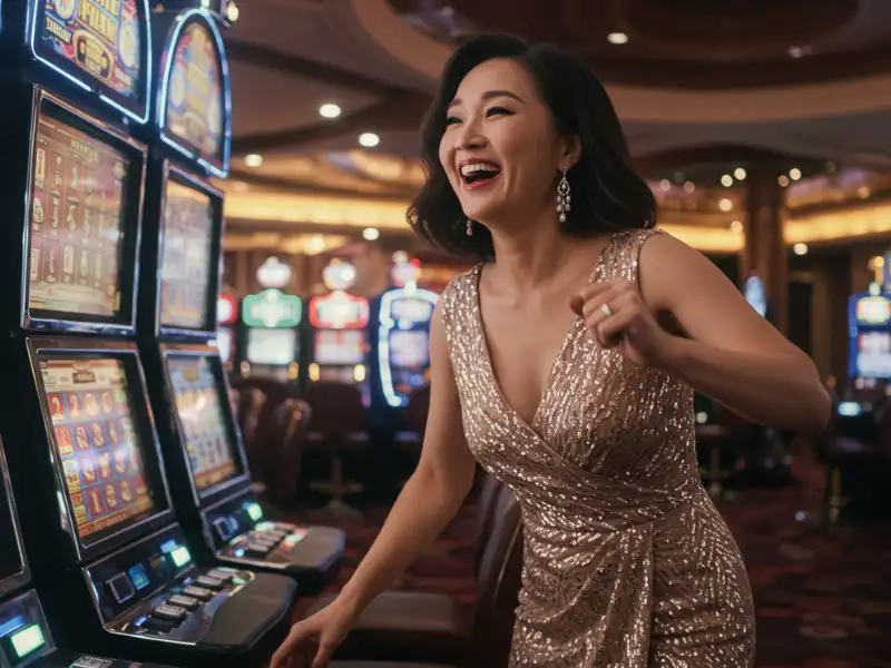Woman playing slot machines at Playzone PH online casino.