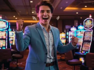 Happy man winning slots with Bet88 Free 100 bonus.