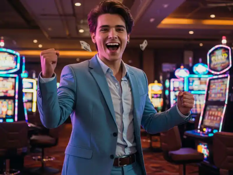 Happy man winning slots with Bet88 Free 100 bonus.