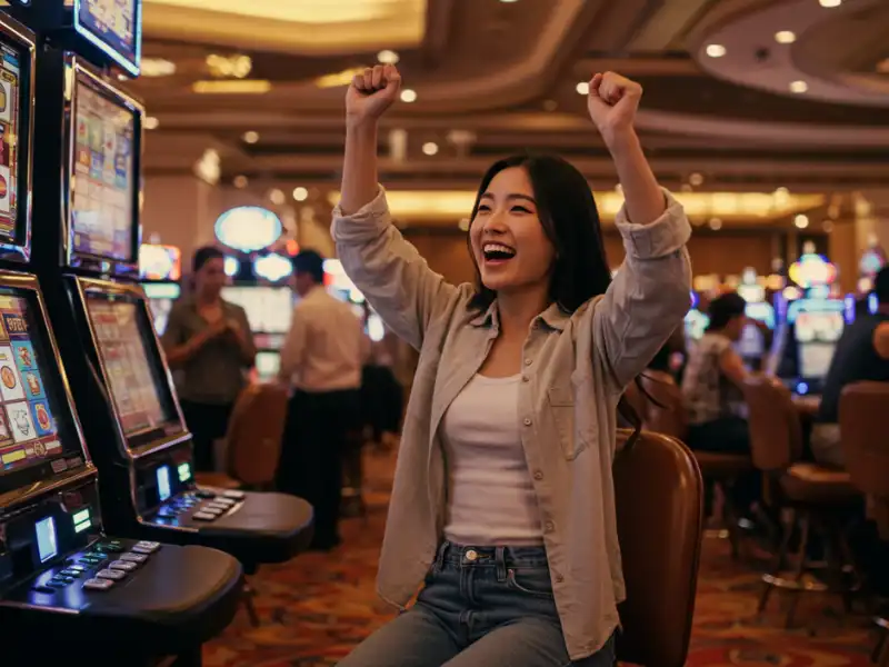 Happy woman winning slot game after Bingo Plus rewards login