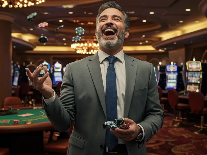 Happy man winning slots and holding chips at Buenas Gaming online casino.