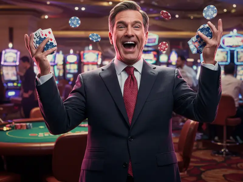 Happy woman holding casino chips at Buenas Gaming online casino.