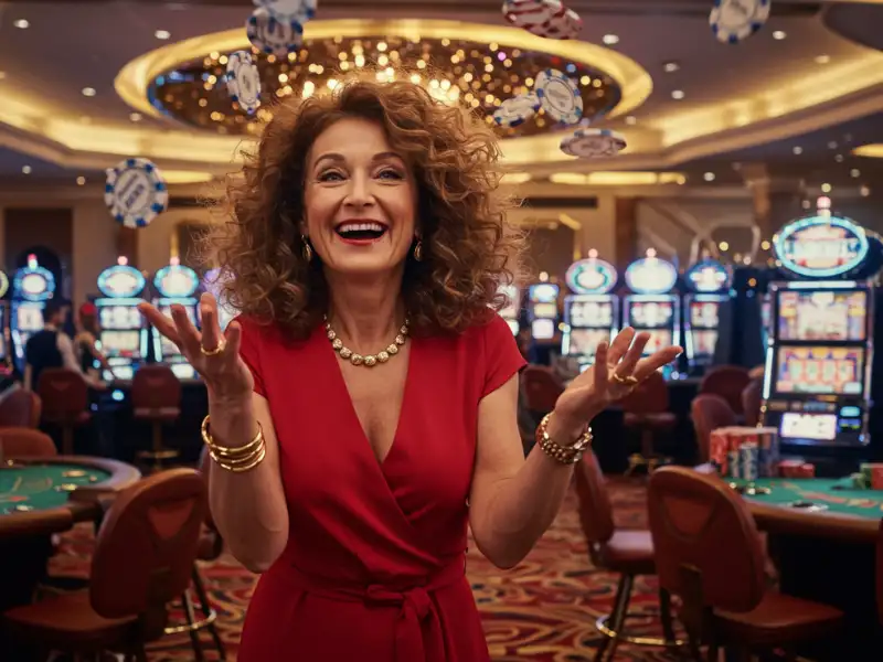 Happy woman throwing casino chips in celebration at Buenas Gaming.