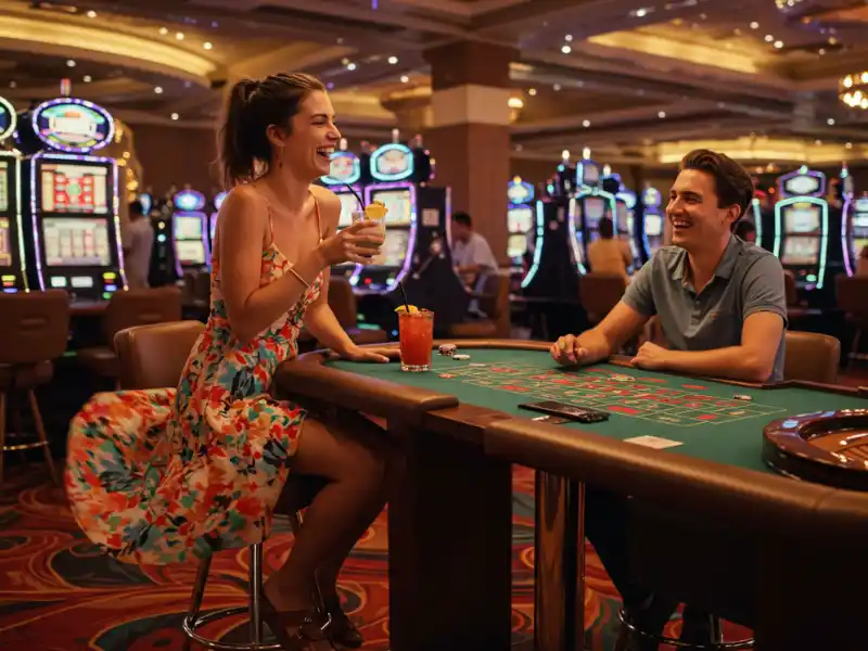 Happy man and woman enjoying drinks at Casino Plus GCash.