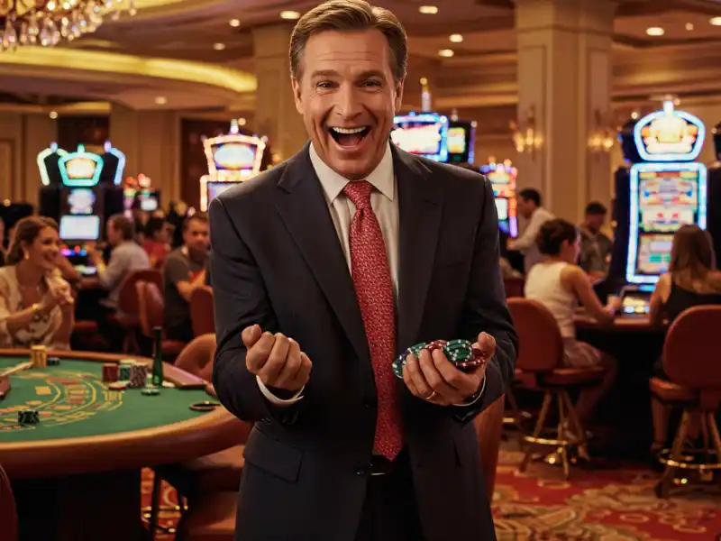 Happy man holding a casino chip at PAGCOR Corporate Office.