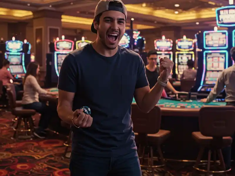 Happy man holding multiple casino chips at PAGCOR Corporate Office.