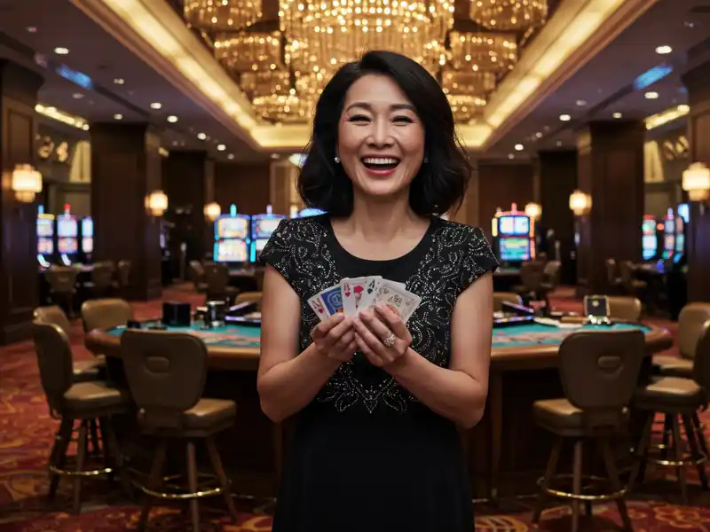 Happy woman holding playing cards at PAGCOR Corporate Office casino event.