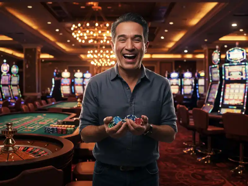 Happy man holding casino chips at Peso88 online casino.