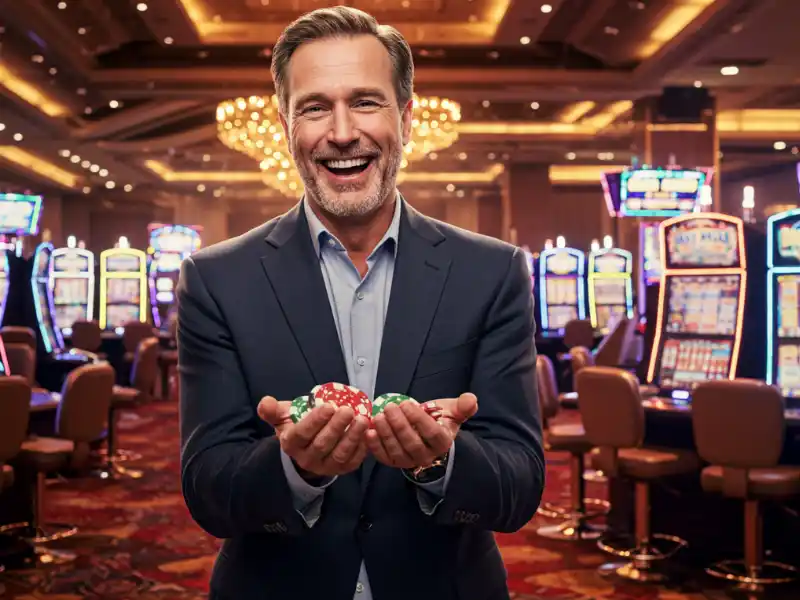 Happy man holding multiple casino chips at Peso88.