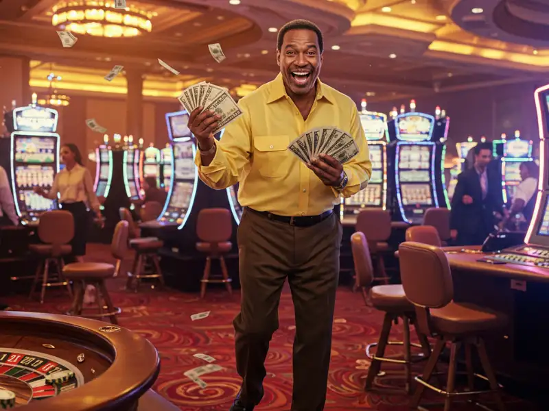 Happy man holding cash after winning at PHClub casino games.