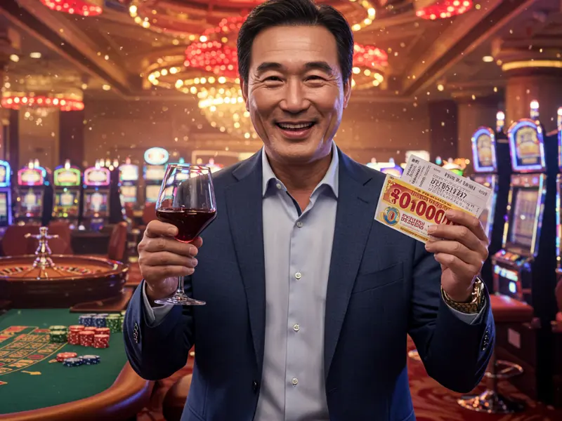 Happy man winning slots and holding a lottery ticket at PHClub.