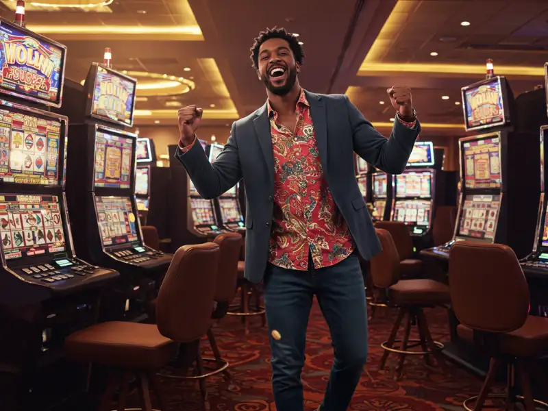 Happy man winning on slot machines at PHFun online casino.