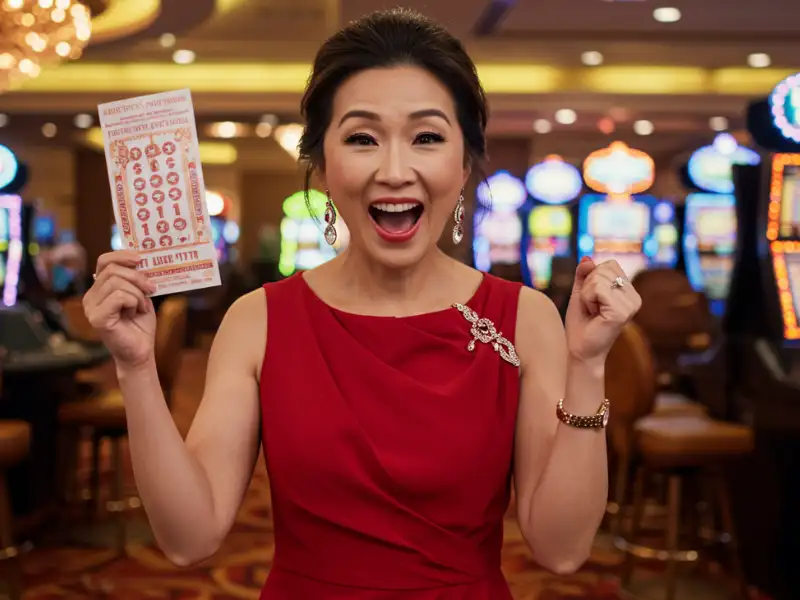 Happy woman winning the lottery at PHFun online casino.