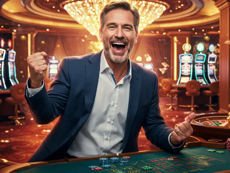 Happy man celebrating a win on Pusoy Go online casino.