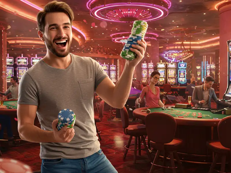 Happy man holding poker chips after a big win on Pusoy Go.