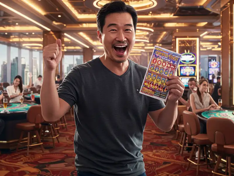 Happy man winning the lottery on Pusoy Go online gaming platform.