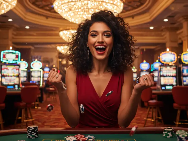 Happy woman winning a poker game on Pusoy Go.