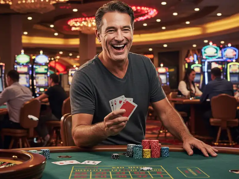 Happy man playing card game on TM Game platform