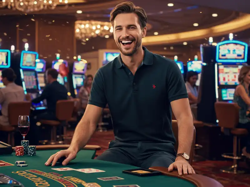 Happy man winning on TM Game slot machine