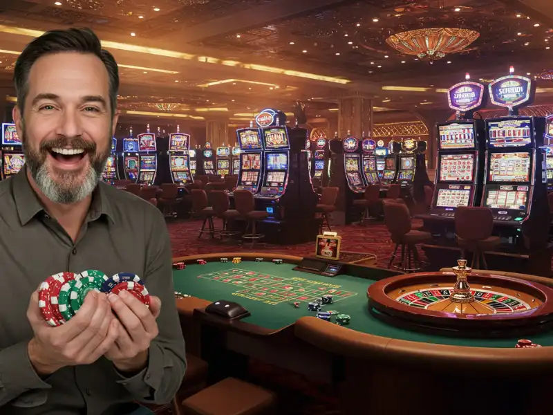 Happy man celebrating a win at the slot machine