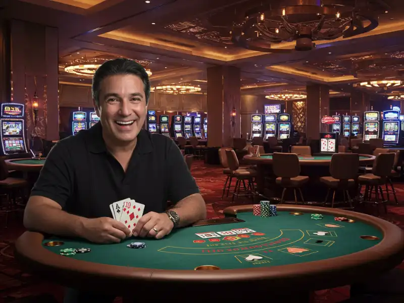 Happy man smiling inside a lively casino
